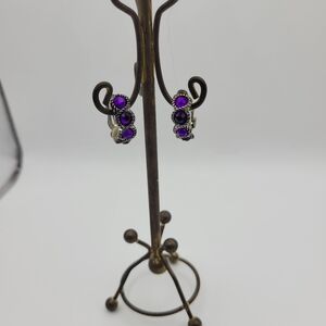 Vintage Deep Purple and Silver Tone Half Hook Clip On Earrings